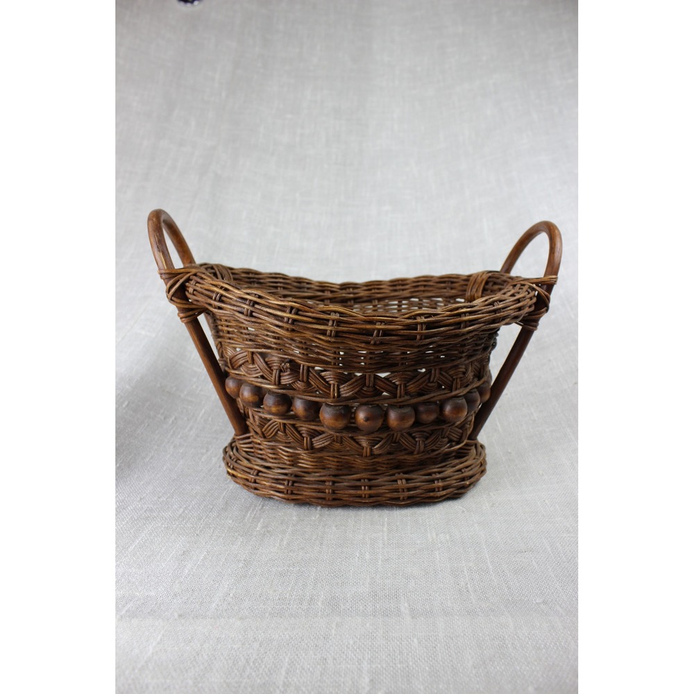 Vintage Woven Stick & Ball Wicker Basket Rustic Farmhouse Cottagecore Boho